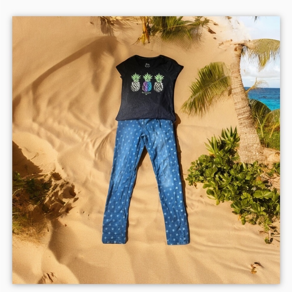 Girls Sz 12-14 summer outfit 2PC set- justice shirt and star print jean -cute!☀️